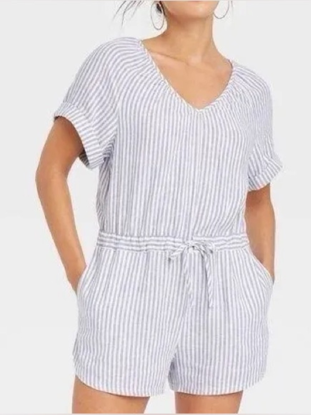 Universal Thread Blue and White Striped V-Neck Romper with Tie Waist
